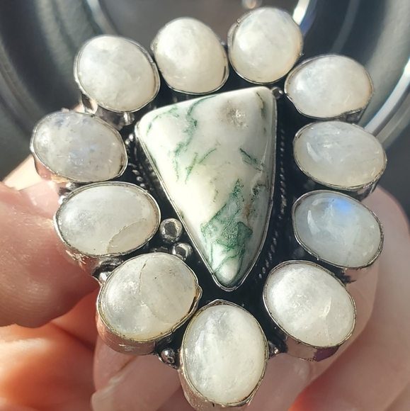 New Huge Tree Agate & Rainbow Moonstone 925 Silver Statement Ring. - Picture 11 of 13